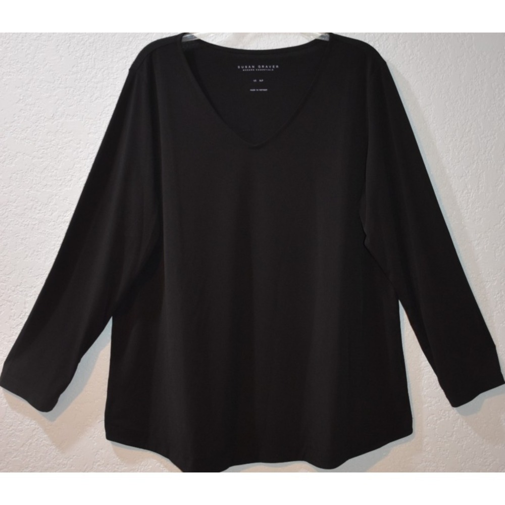 Susan Graver XLP Modern Essentials Long Slv V-neck Stretch Tunic Top Comfy Black